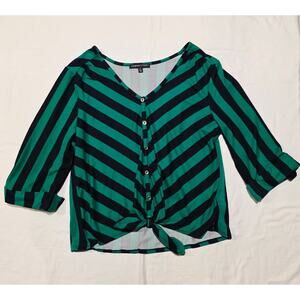 Womens XL Blue & Green Blouse Shirt Striped Adrienne Vittadini Button Decal Tied